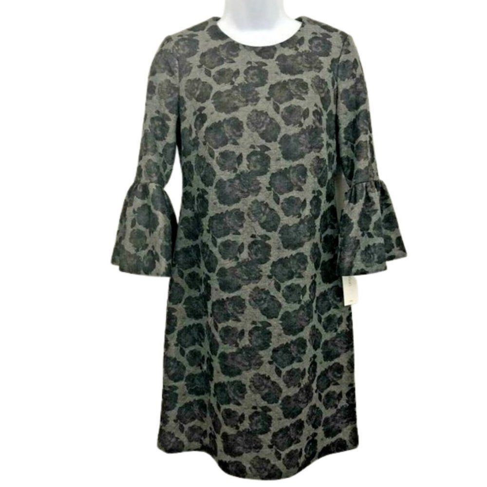 Calvin Klein Dress Gray Black Roses Size 4 Knit Bell Sleeve Exposed Zipper